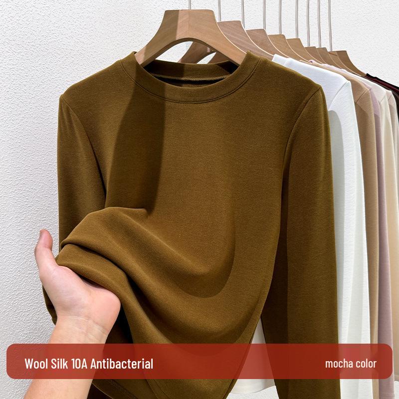 Women's Wool Silk Round Neck Base Layer Shirt - Autumn/Winter 2025 Collection, Velvet-Thickened for Warmth