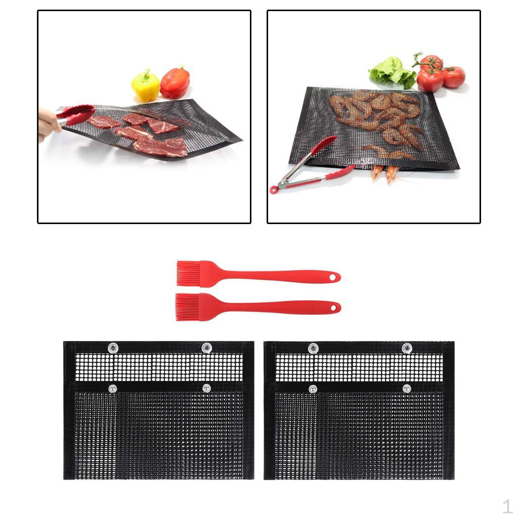 2pcs Reusable PTFE Coated BBQ Mesh Grilling Pouches Grill Bag with Silicone Brush Baking