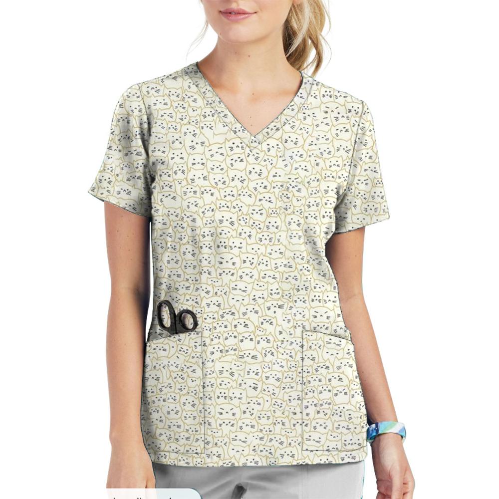 Krankenschwester Uniform V-Ausschnitt Cartoon Katze Hund Muster Bedruckte Oberteile Kurzarm Taschen Damen T-Shirts