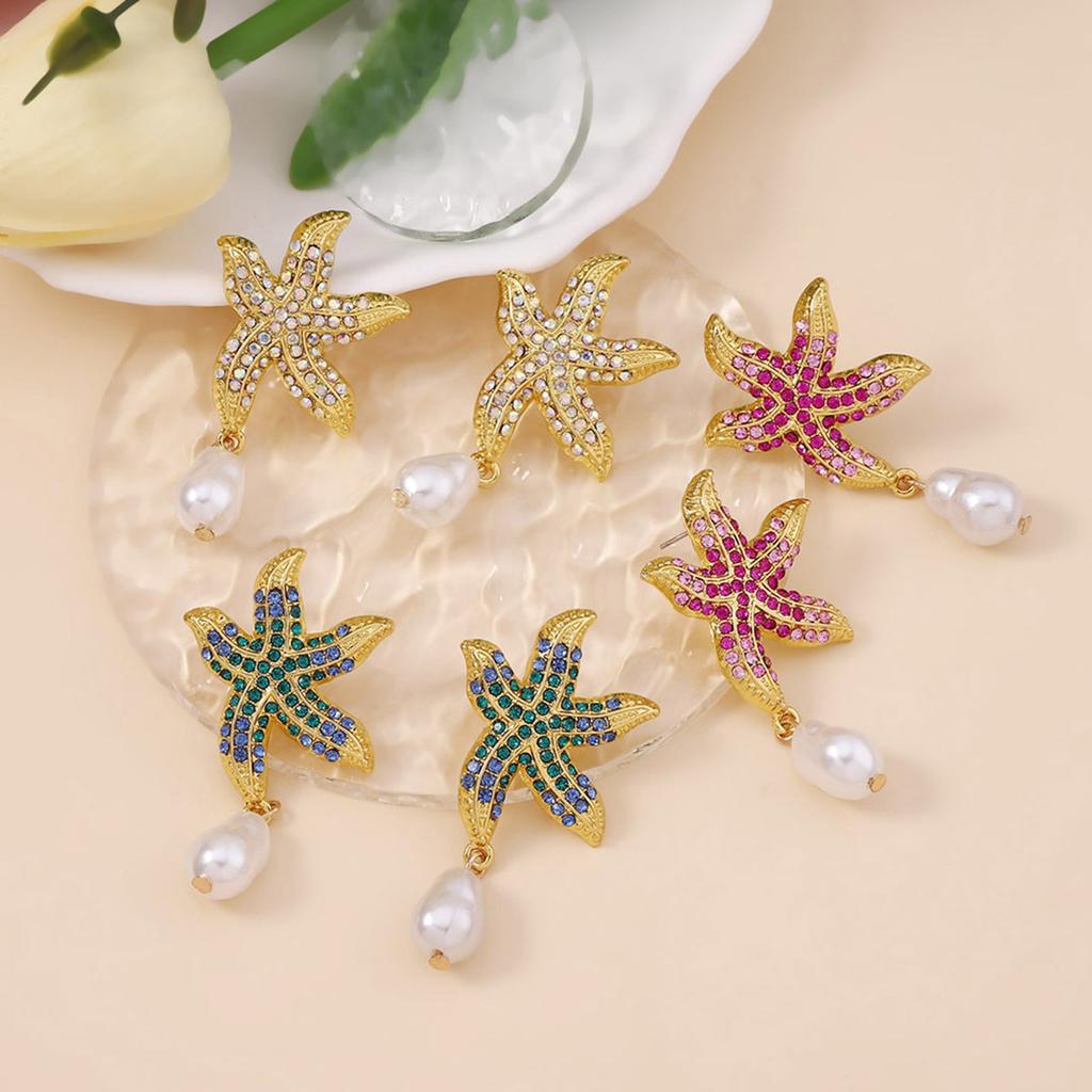Fashion Ocean Wind Diamond Trend Colorful Starfish Ears, Imitation Pearl Pendant Beach Resort Wind Earrings