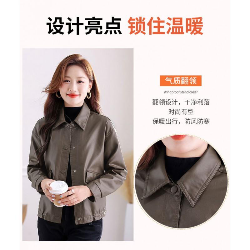 Womens PU Leather Biker Jacket With Lapel Collar Loose Fit Short Coat Winter 2026