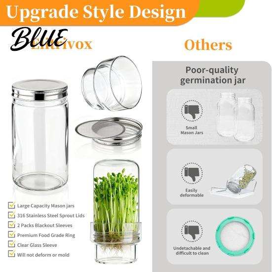 Gluten-free Sprout Container Sprouting Jar Kit Wide Mouth Glass with Lid Blackout Improved Airflow Sprouter Sleeve Plant Growing Kit for