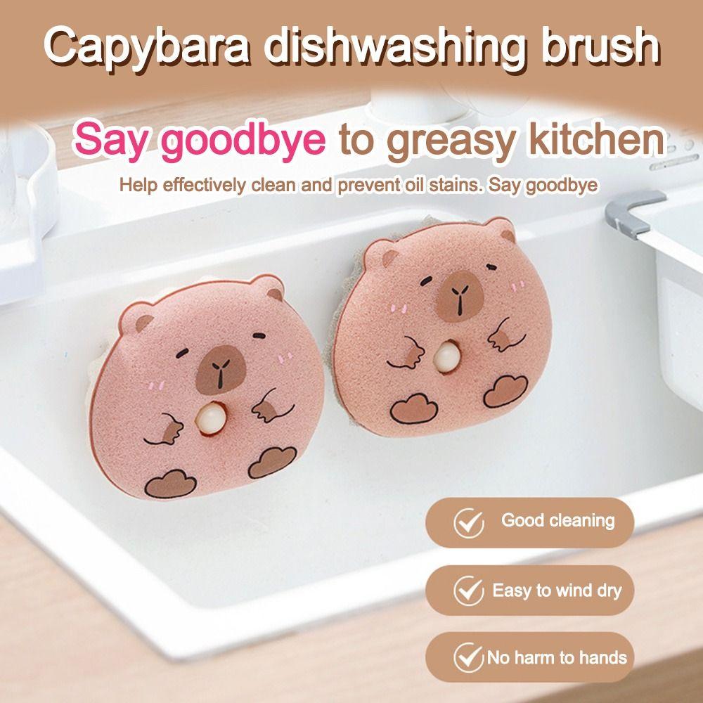 New Cartoon Capybara Cleaning Sponge Reusable with Suction Cup Rack Cleaning Brush Scouring Pads Clean Tool