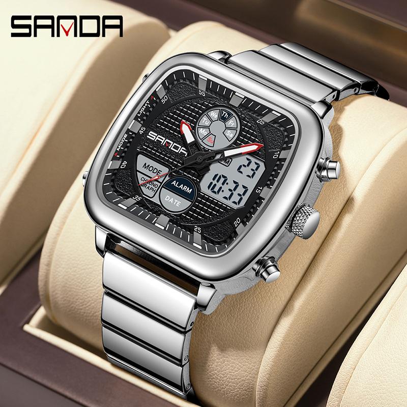 SANDA 9101 Fashion Men's Dual Movement Watch Square Dial with Steel Strap Multifunction Waterproof Casual Male Wristwatch Gift