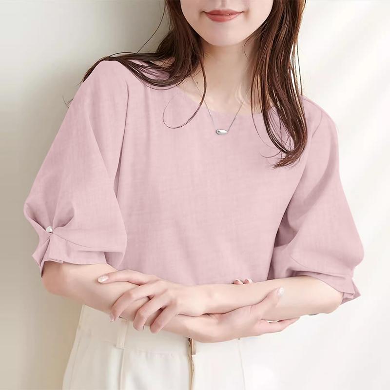 ZANZEA Women Casual Round Neck Puff Short Sleeve Solid Color Loose Straight Blouses