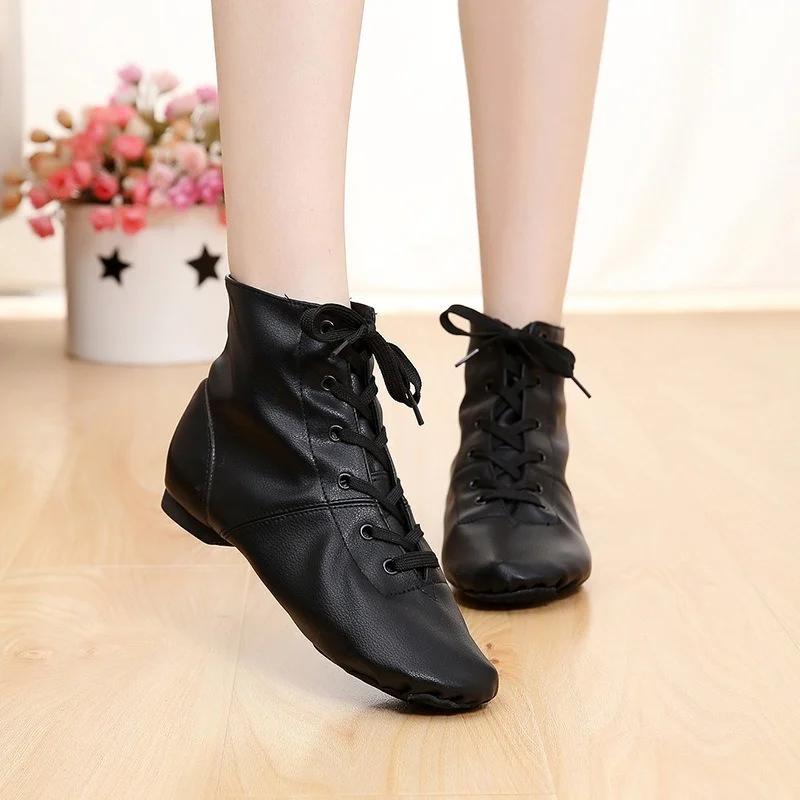 Zapatos de Baile para Niños de Moda Cuero PU Caña Alta Zapatos de Jazz para Hombre Mujer Suela Partida Zapatilla Suave Gimnasio Danza Zapato Negro