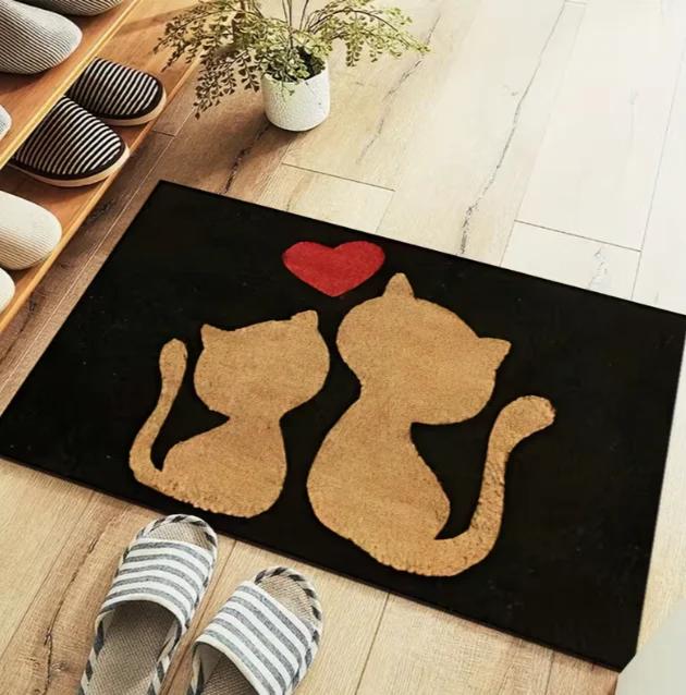 Fantasy Black and Red Cat Love Door Mat Valentine's Day Floor Mat with Cartoon Cat Entrance Kitchen Front Door Decor Mat Fun Mat
