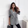 Women Houndstooth Blazer Double Breasted Notch Lapel Ruched Sleeves Contrast Cuffs Office Lady Suit Jacket