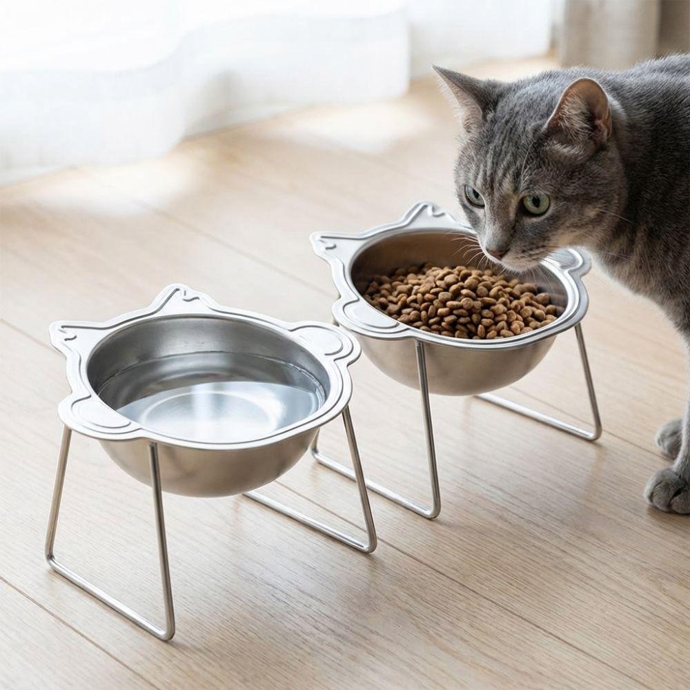Monkey-shaped Raised Cat Bowls Stainless Steel Pet Feeder Container Wet Dry Food