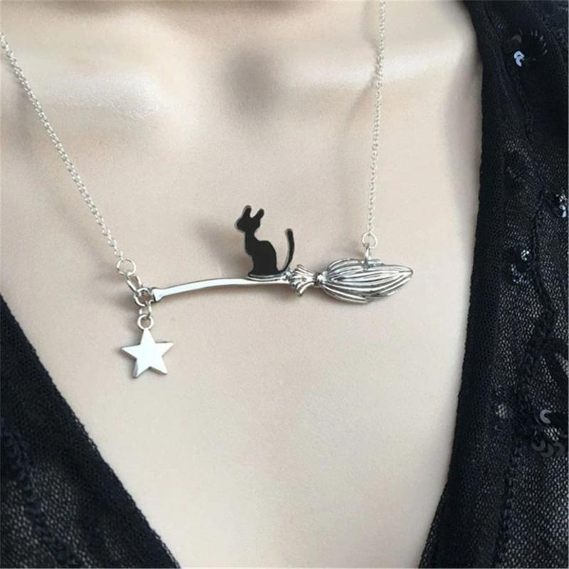 Trendy Cats On Broomstick Pendant Necklace Adjustable Length Neckchain Stylish Choker Accessory for Fashionable Women