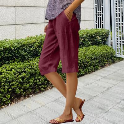 Damen Shorts Elastisch Mittelhoch Gerades Bein Knielang Hosen mit Taschen Einfarbig Regulär