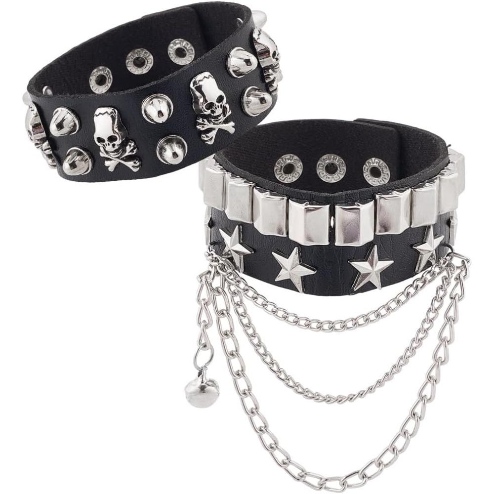 

2pcs Black PU Leather Rivets Bracelet Punk Rock Gothic Cuff Wrap Wristband with Silver Bell Chain Adjustable Bangle Arm Band Men Option 1