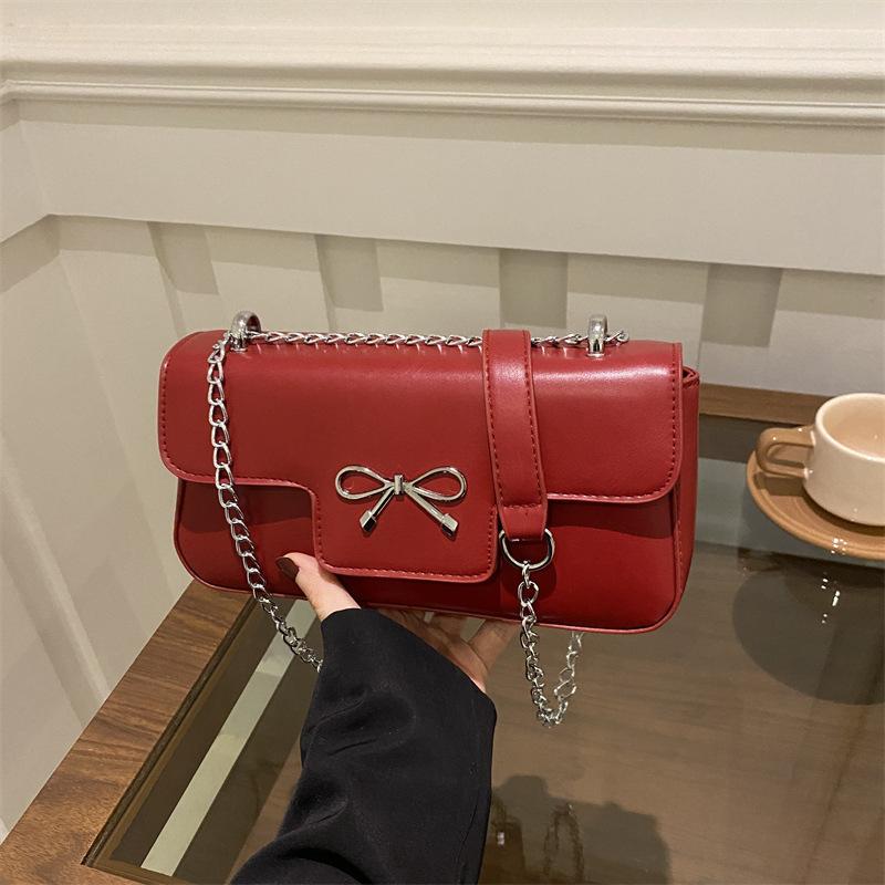 Chain Bow Solid Color Commuter Shoulder Handbag Women's 2025 New Underarm Crossbody Small Square Bag