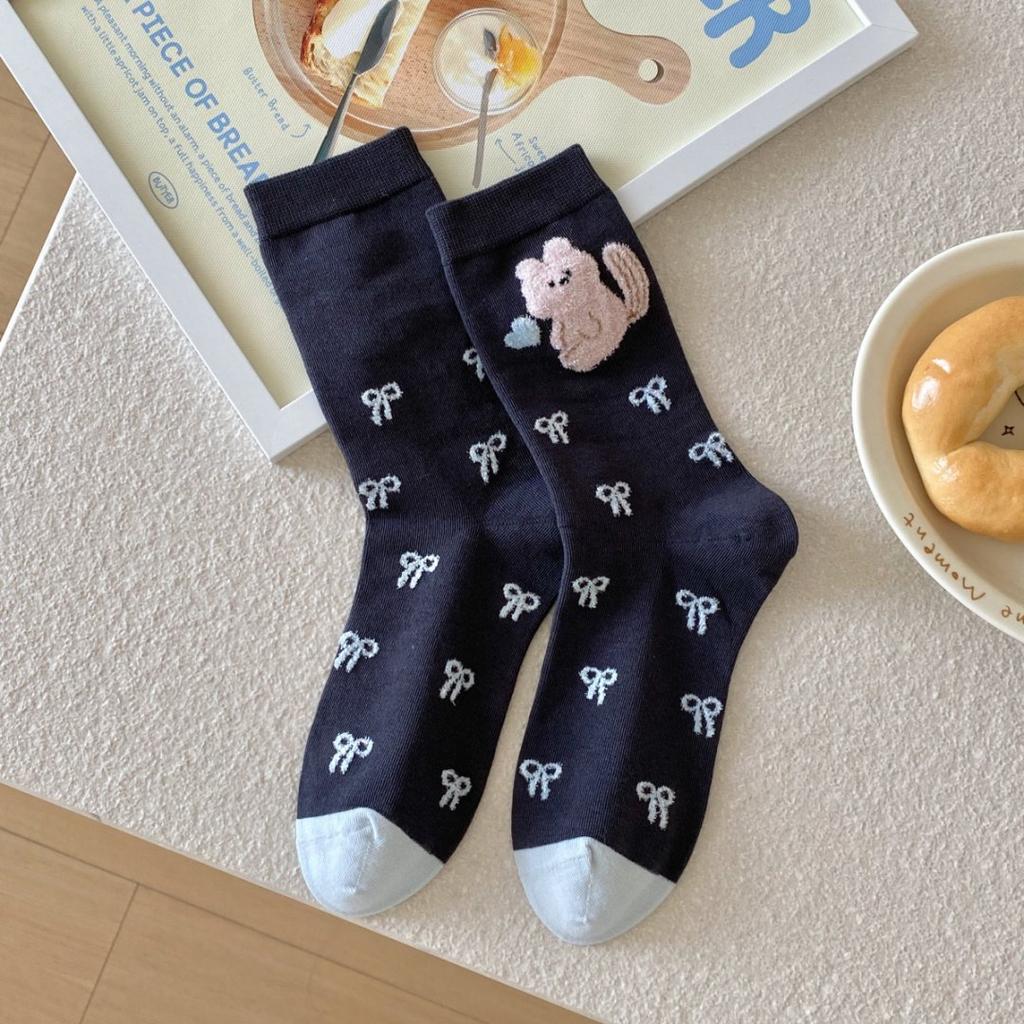 Female Autumn and Winter Warm Cartoon Flocking Small Animal Three Dimensional Hair Ball In The Tube Pile Socks