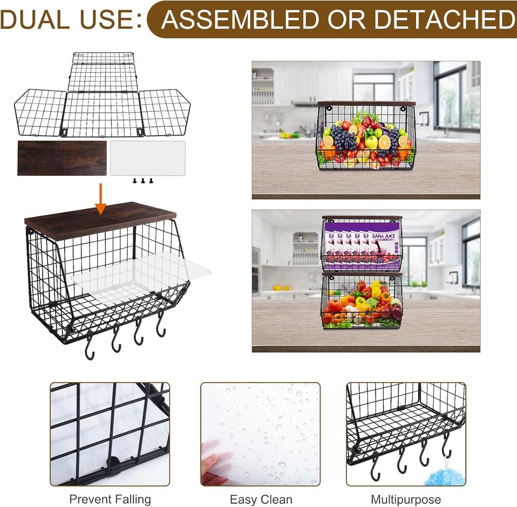 Fruit Basket, 2 Tier Fruit Basket, 2pcs Kitchen Organizer Basket with Wooden Lid Stackable and Wall Mountable Basket for Snacks and Vegetables Storage