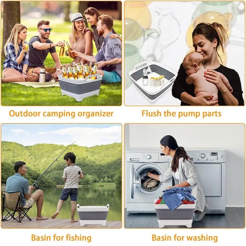 Collapsible Portable Plastic Vegetable Wash Basin with Drain Plug for Dish Storage Vegetable and Fruit Washing Chill Bucket