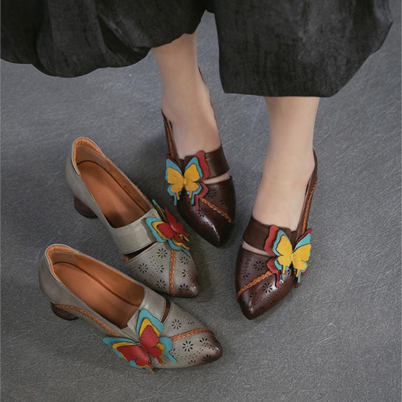 Johnature Retro High Heels Genuine Leather Shallow Commuter Versatile Women's Shoes