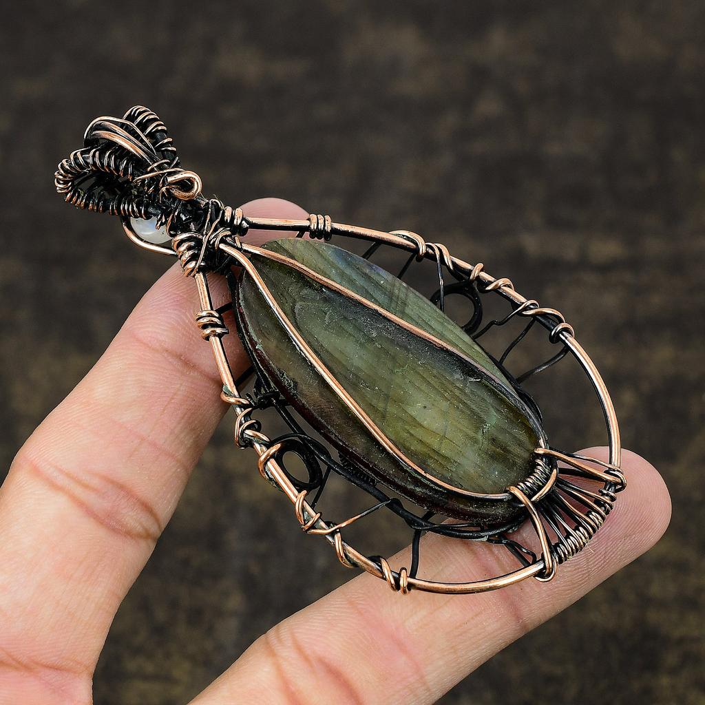 Natural Red Labradorite, Moonstone Gemstone Copper Wire Wrap Pendant 3.46" S1A15