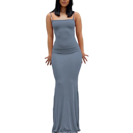 Women Sling Dress Sleeveless Square Collar Slim Fit Floor Length Dress Solid Color Office Party Wedding Sexy Dress