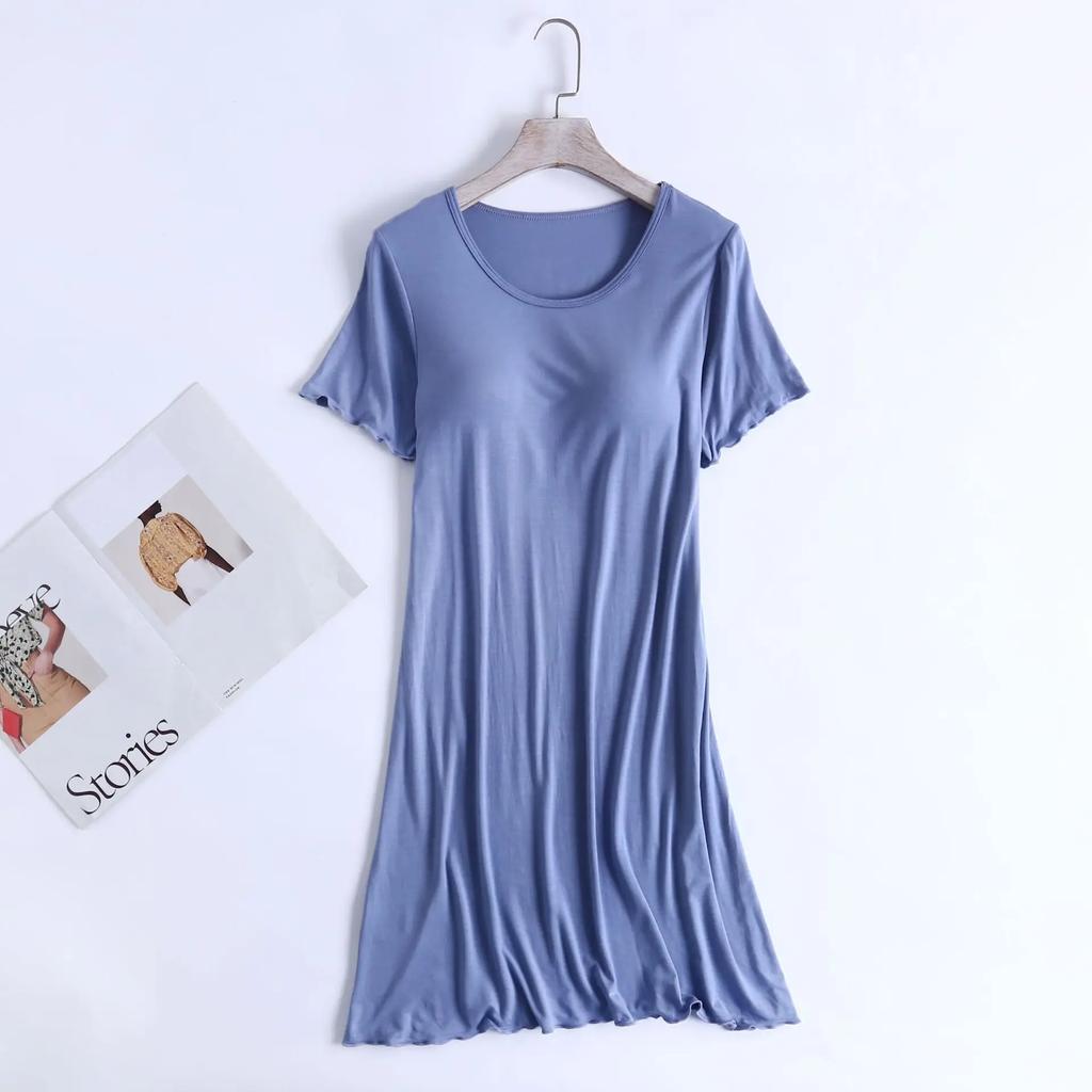 Modal Night Gown with Chest Pad Short-length Sleeve Nightdress Pajamas Bra-free Thin Large Size Ruffle Sleeping Dress for Women Summertime