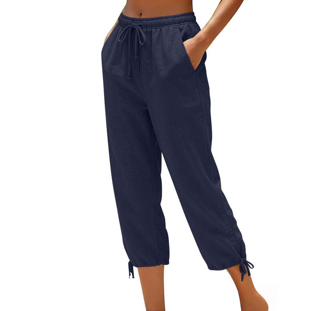 Women Drawstring Waist Cropped Pants with Adjustable Hem and Side Pockets Loose Fit Lightweight Casual Trousers
