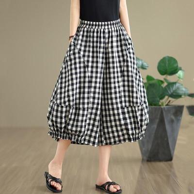 Plus Size Vintage Plaid High Waist Casual Loose Summer Wide Leg Cross Pants Women Trousers
