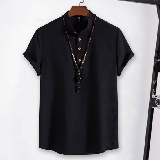 Muži Košile Stojánek Límec Knoflíky Výstřih Jednobarevné Krátké rukávy Pulovr Běžné nošení Bavlna Povlečení Pánské topy Letní móda Tričko Oblečení do práce