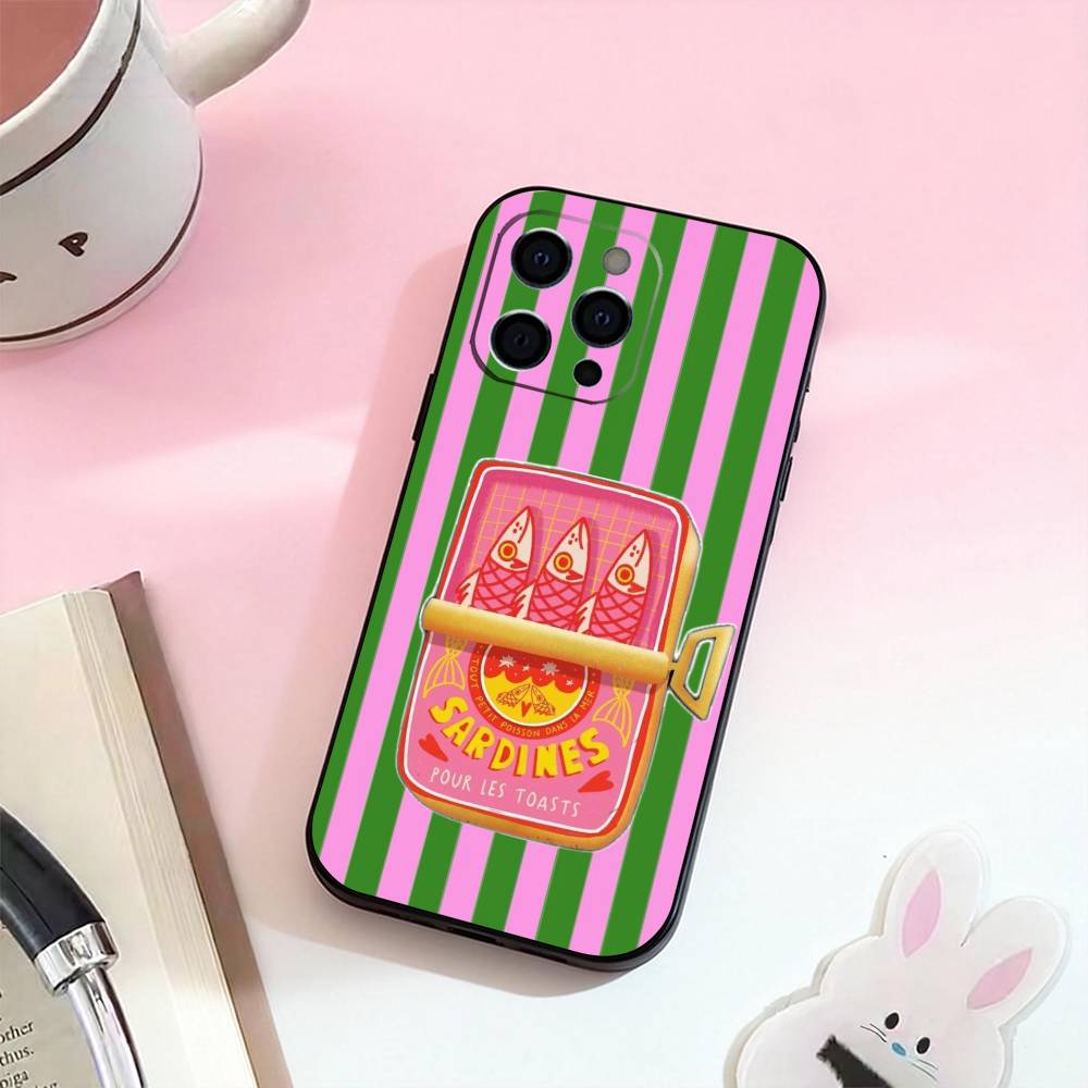 Sardines Fish Art Phone Case For iPhone 17,16,15,14,13,12,11 Plus,Pro Max,Soft Silicone Black Cover