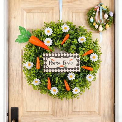 Corona de Eucalipto Artificial con Zanahorias Primavera Verano Corona de Flores Silvestres con Hojas Verdes para Puerta Principal Pared Ventana Porche Decoración para Fiesta de Pascua