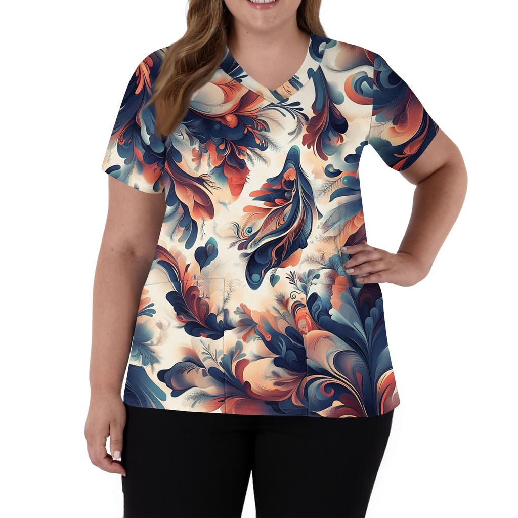 Women's Fashion V-Neck Short Sleeve Overalls With Pockets Print Tops Clothes