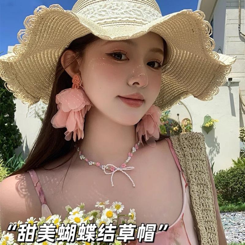 Straw hat big cover hat summer new sunscreen sun hat sweet bucket hat breathable lace bow grass