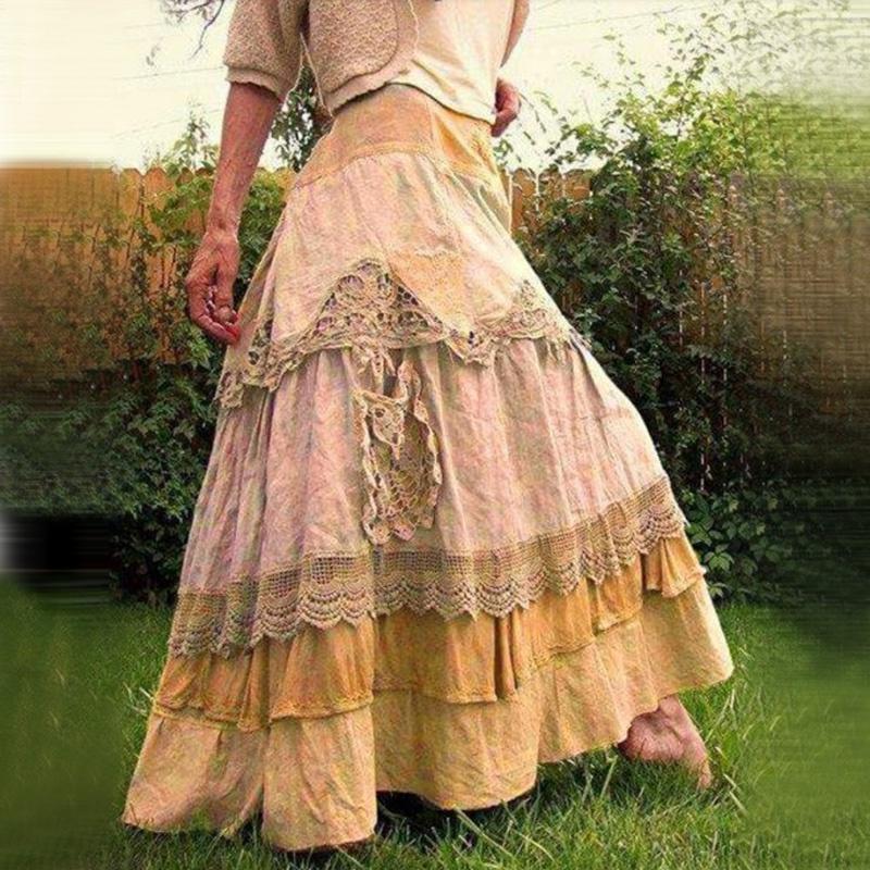 Women's Lace Stitching High Waist Vintage Big Swing Bohemian Long Skirt