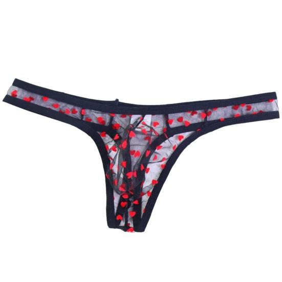 Men Thong Low Waist Perspective Design Breathable Panties Heart Pattern Briefs Mesh Romantic Valentine Day Briefs
