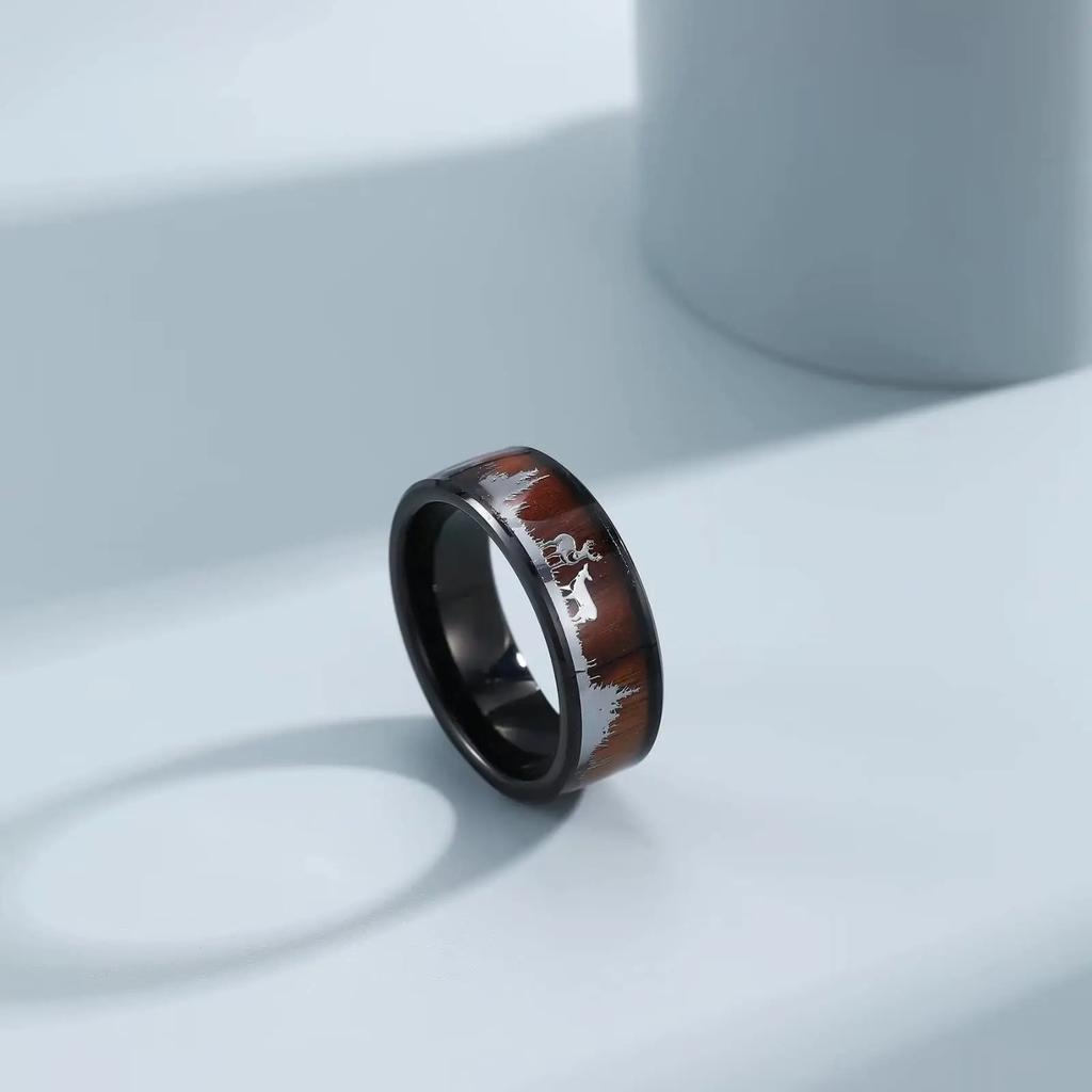 Mode Hirsch Familie Schwarz Jagd Edelstahl Ringe für Herren Damen KOA Holz Einlage Abgeschrägte Polierte Kante Eheringe Schmuck