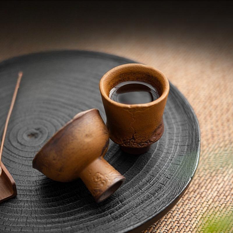 Retro Sauce Glazed Coarse Pottery Teacup Old Rock Mud Master Cup High Feet Meditation Cup Chazhan Mugs Kung Fu Tea Set