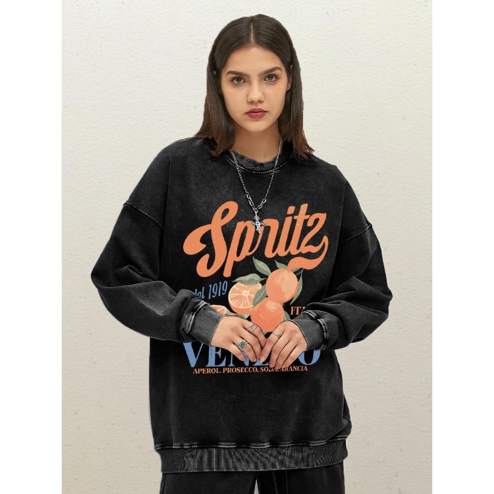 

Spritzy Veneto Забавный узор из апельсинов Женский выстиранный уличный хлопок Повседневный пуловер Осень Удобные толстовки S