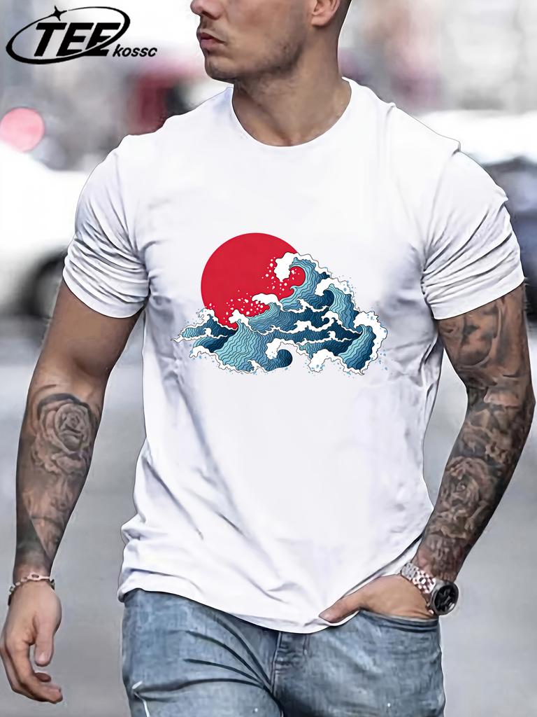 Japansk Solnedgång Vågor T-shirt För Män Sommar Casual Retro Kläder Bomull Trendig Mjuk T-shirt Unisex Rund Hals AllMatch Lös Topp