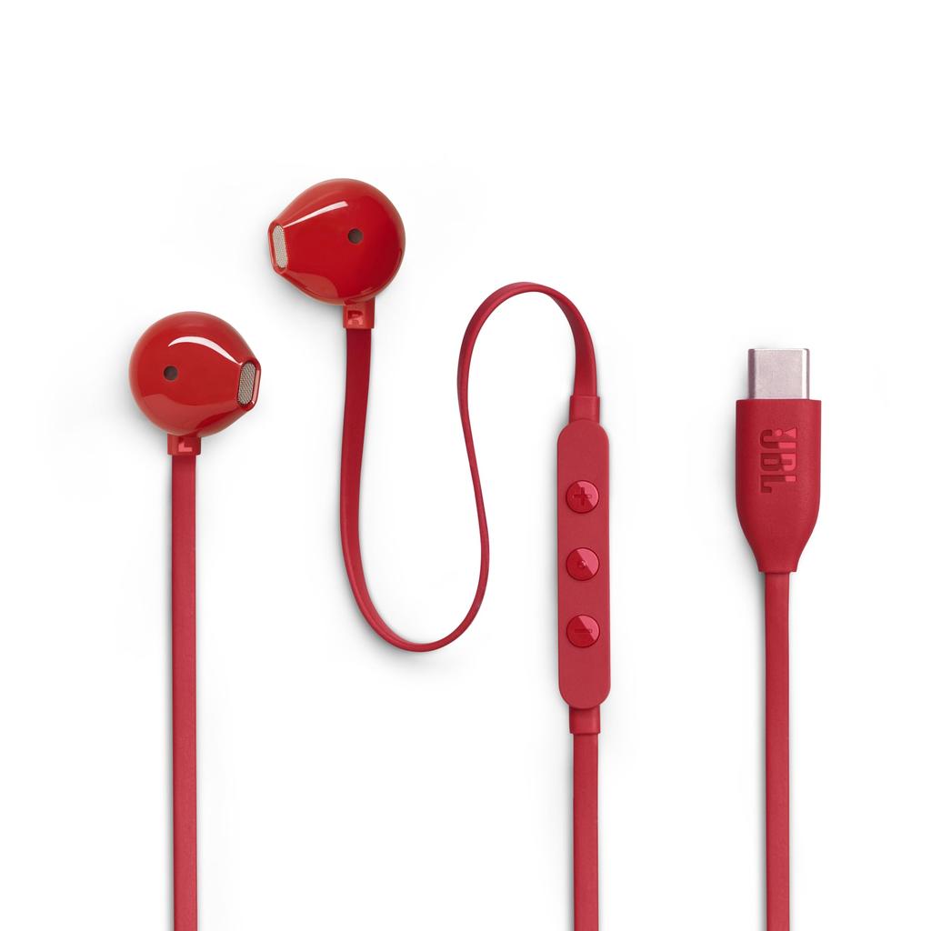 JBL TUNE 305C Wired In-Ear Headphones 12.5mm Dynamic Driver USB Type-C Hi-Res Audio 96 kHz 24-bit Preset EQ Built-in Microphone Flat Cable Red