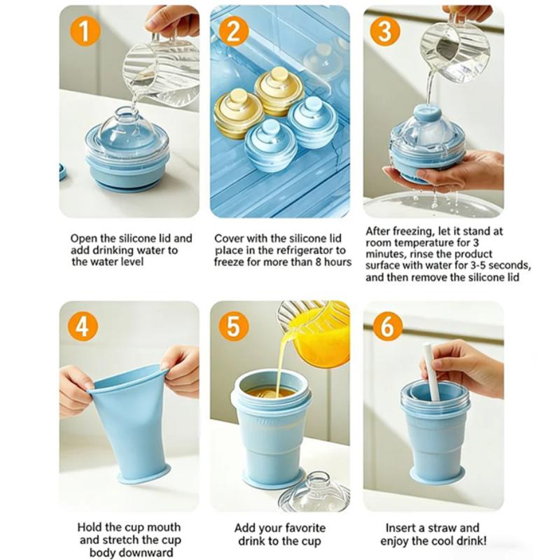 2026 New Portable Collapsible Ice Cup Food Grade Silicone Ice Ball Mold with Straw Summer Outdoor Travel Camping Leakproof Cup