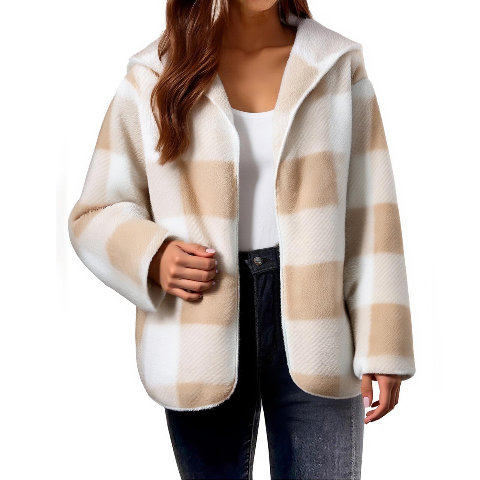 

Женская плюшевая куртка, флисовая куртка большого размера, пальто с карманами, открытыми спереди, с капюшоном, пушистый кардиган M бежевый