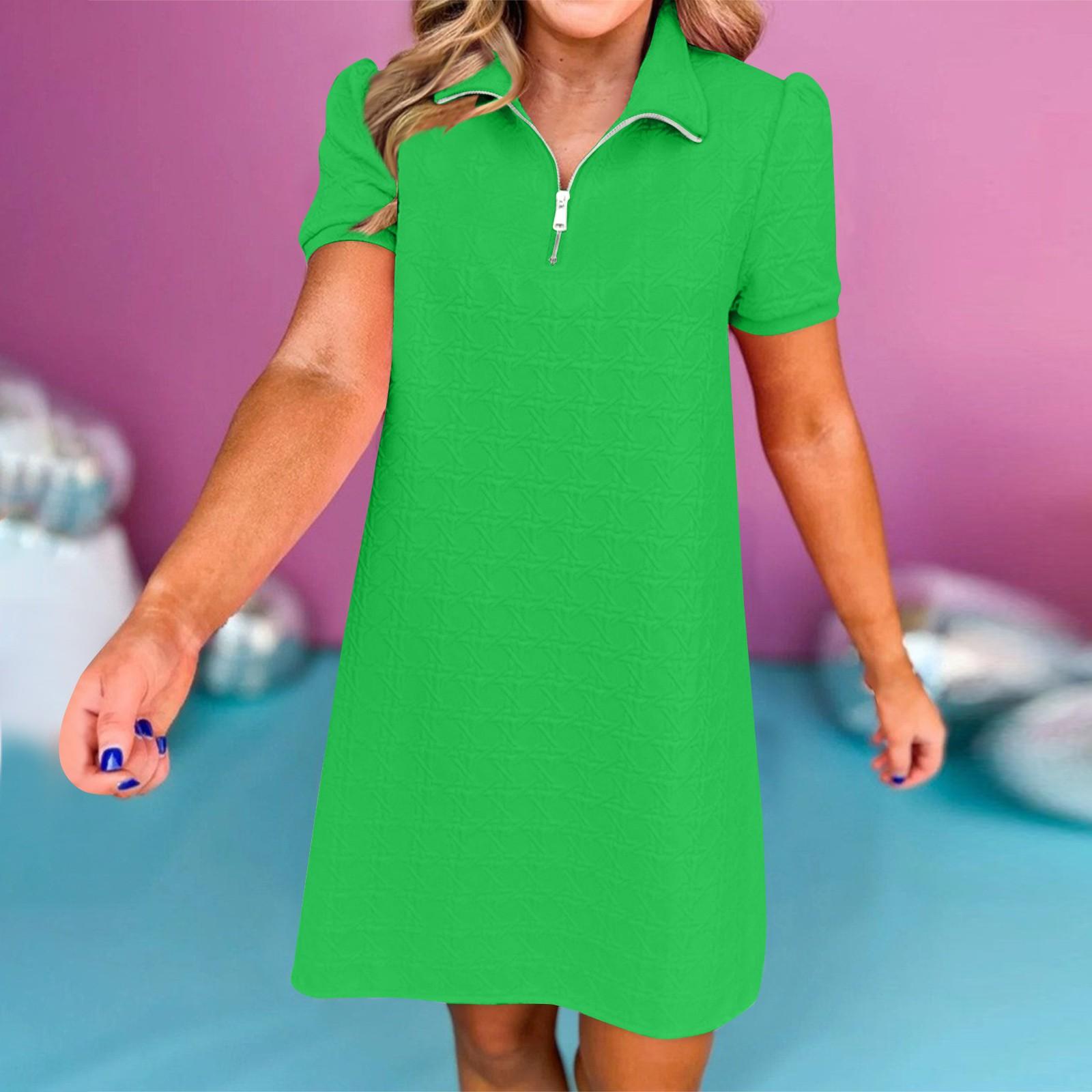 

Женское свободное однотонное повседневное платье с лацканами на молнии и короткими рукавами XL зелёный
