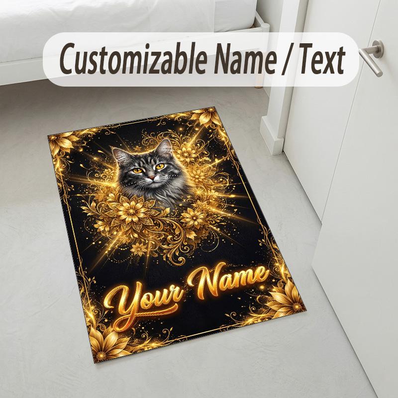 Cat Theme Crystal Velvet Rug Personalized Custom Name Text Soft Floor Mat Home Decor