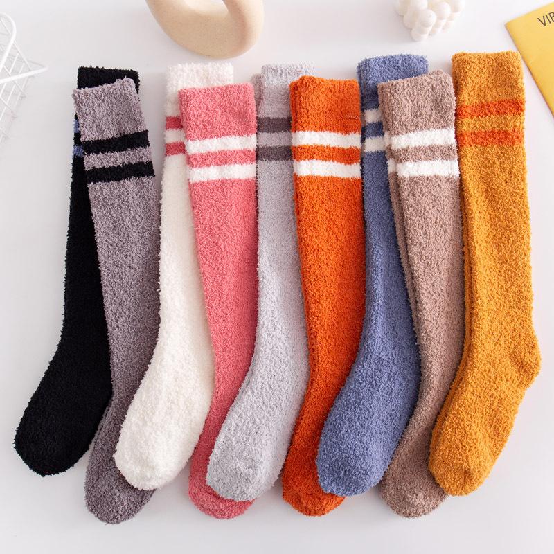 5/10 Pairs Casual Coral Velvet Socks for Women No Shedding Two Stripes Calf Length Socks Knee High Women's Socks Warm Long Socks Home Socks