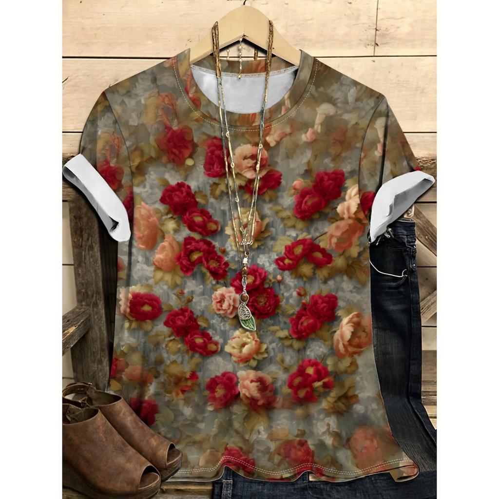 Summer Round Neck Flower Pattern 3D Print Top Fashionable Casual Short Sleeved Women's T-shirts