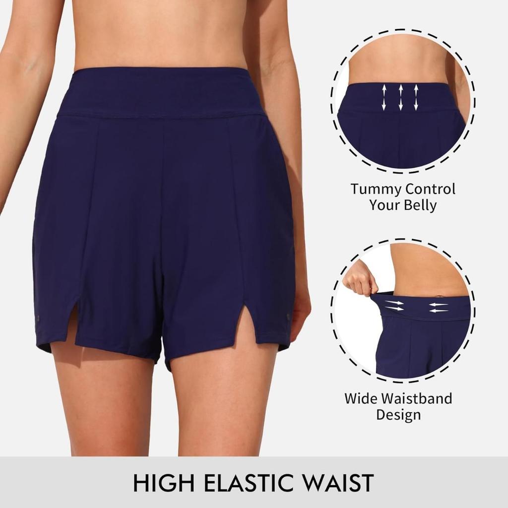 CHARMLEAKS Women Swim Shorts with Pockets High Waisted Bathing Suit Bottoms Tummy Control Swimsuit