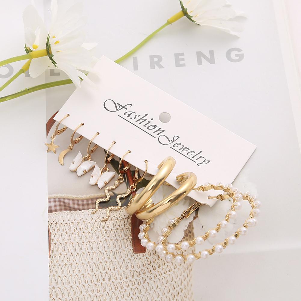 5 Pairs Of Women Alloy Hoop  Earrings  Set Creative Simple Star Moon Snake Butterfly Pearl C-shaped Earrings Jewelry Girls Gifts
