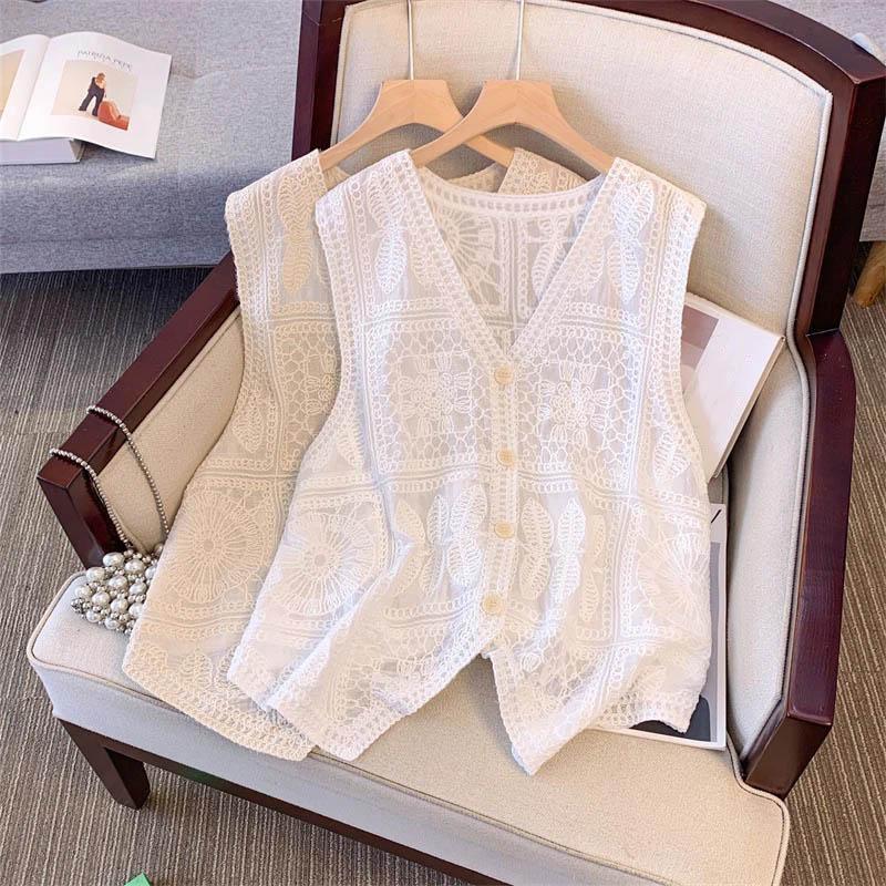 Vest Skeleton Women Cotton Undershirt Oversize Sleeveless Shawl Vintage Loose Lace Casual V-Neck Suspenders Vest Shawl