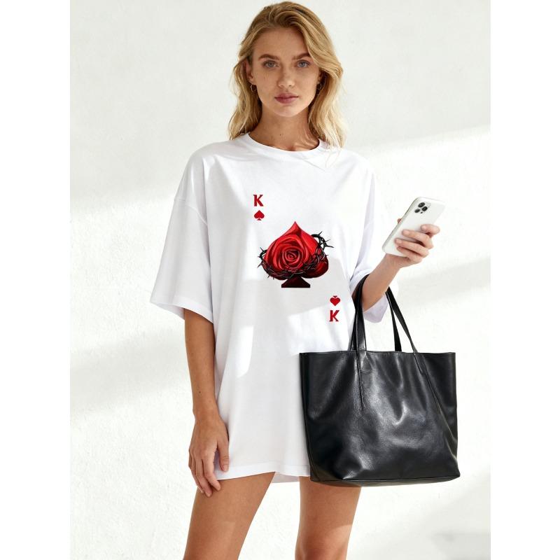 Oversize Women's Short-Sleeve T-Shirt with Red Rose & Black Thorns "K of Hearts" Poker Element Print