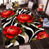 Red Peony Flower Carpet with Black and White Abstract Stripes Pattern Suitable for use as an anti-slip for living room bedroom sofas