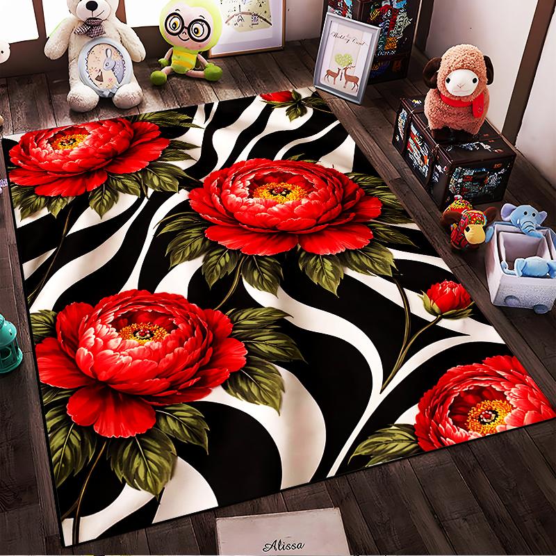 Red Peony Flower Carpet with Black and White Abstract Stripes Pattern Suitable for use as an anti-slip for living room bedroom sofas